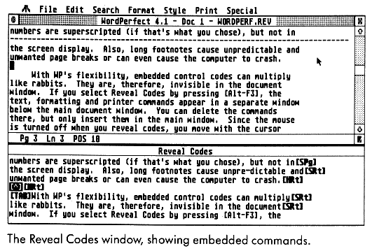 The Reveal Codes window,showing embedded commands.